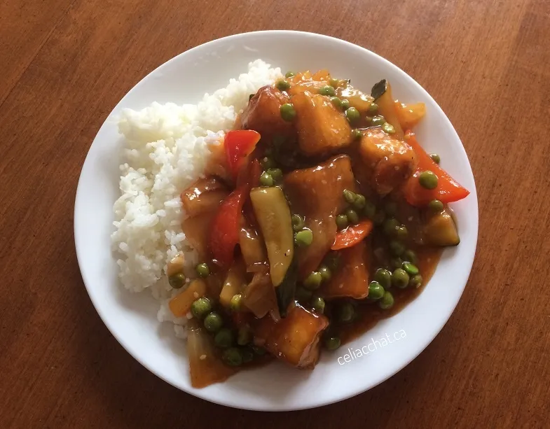 gluten-free sweet and sour sauce with fried tofu on rice